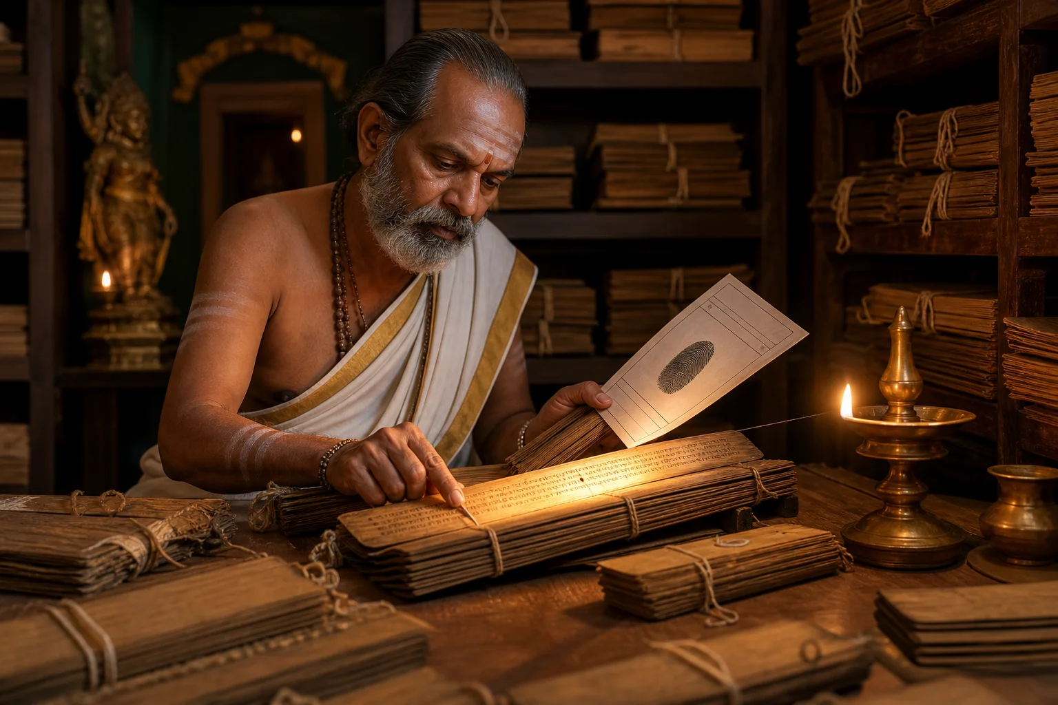 A Nadi Guruji comparing a thumb impression with palm-leaf manuscripts