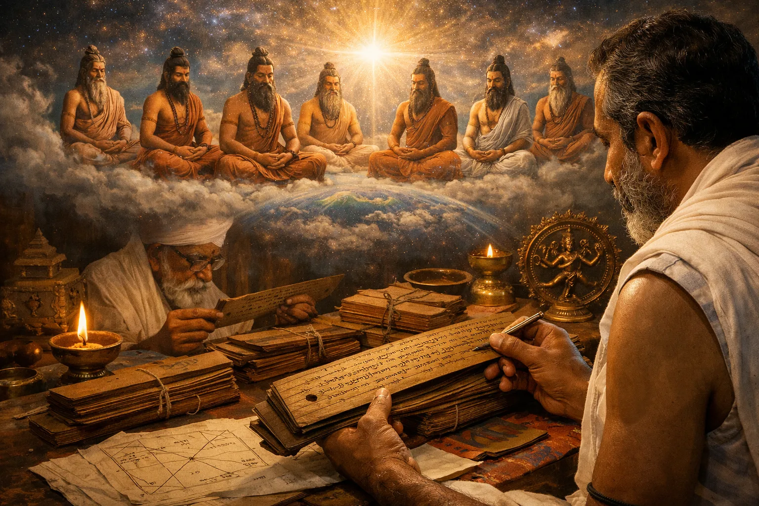 Editorial artwork representing palm-leaf readers and the sacred Nadi lineages